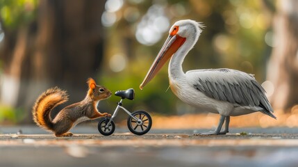 Wall Mural -  A small squirrel rides a tricycle; a pelican follows behind, perched on the seat Another pelican stands beside them