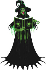 Wall Mural - Haunted witch holding magic book illustration.