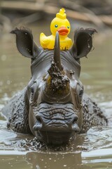 Wall Mural -  A hippo bears a rubber duck atop its back in a watery scene, surrounded by trees behind