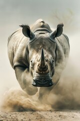 Wall Mural -  A rhino in flight, kicks up dust from its snout and unfurled horn protrudes