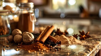 Aufkleber - Cinnamon sticks, nutmeg, cloves, and vanilla pods arranged on a kitchen countertop, ready for baking.