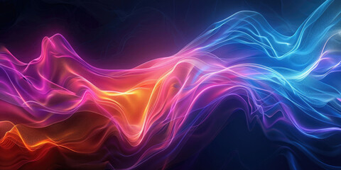 Poster - Futuristic trendy background with wavy airy texture of silk neon shiny blue purple fabric in the form of a wave on a dark background. Neon wave. Copy space. Banner