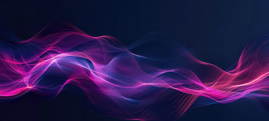 Poster - Futuristic trendy background with wavy airy texture of silk neon shiny blue purple fabric in the form of a wave on a dark background. Neon wave. Copy space. Banner