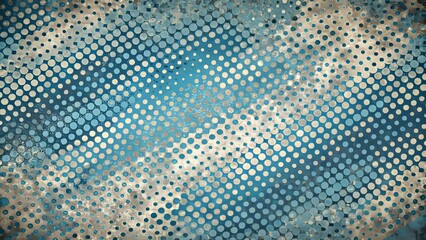 Wall Mural - Retro distressed grunge background featuring overlapping linear vector halftone dots in various sizes and shades of gray and blue tones.