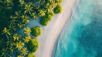 Wall Mural - Aerial view, blue sea beach, white sand beach, nature coconut trees on the beach