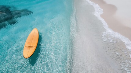 Wall Mural - Surfboards on white sandy beach, blue sea, daytime, aerial view.