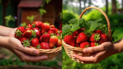 Wall Mural - hands picking strawberries in the garden