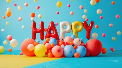 Poster - Balloon arrangement spelling HAPPY on colorful backdrop