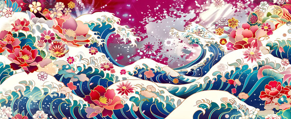 An artistic wallpaper displaying a vibrant Japanese-style patter