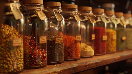 Poster - Close-up of glass jars filled with various spices, neatly arranged on a wooden shelf. The jars have labels with names like paprika, turmeric, cumin, and oregano.