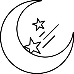 Sticker - Crescent moon with stars icon in black line art.