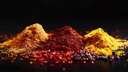 Aufkleber - A close-up image of saffron, curry powder, and annatto spices arranged on a black surface.