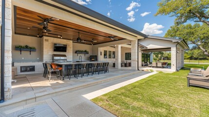 Suburban ranch with a large, covered patio that includes a built-in grill and a bar area for summer parties