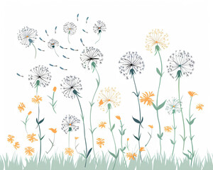 Poster - Dandelion flowers flying in the wind, vector illustration on a white background, simple design with simple lines in a flat style, vector art in the style of a simple clip art, using simple shapes with