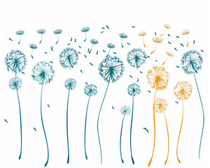 Poster - Dandelion flowers flying in the wind, vector illustration on a white background, simple design with simple lines in a flat style, vector art in the style of a simple clip art, using simple shapes with