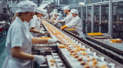 Wall Mural - A group of men are engaged in mass production on a conveyor belt in a factory, utilizing machines and engineering skills. AIG41