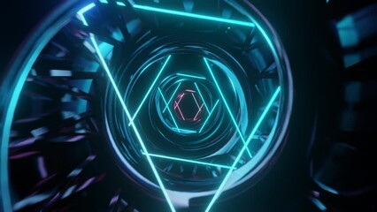 Wall Mural - abstract background 3d animation moving through shiny glass metal and neon lights tunnel, loop