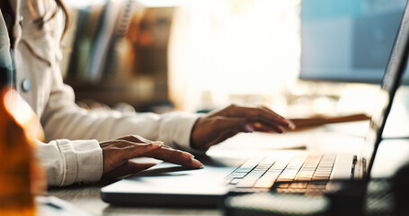 Poster - Laptop, hands and typing on desk, digital and history student with assignment, research and closeup. Online, keyboard and project for person in university, historian or literature major with computer