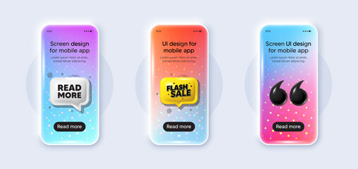 Poster - Phone 3d mockup gradient screen. Read More tag. Navigation sign. Get description info symbol. Read more phone mockup message. Flash sale chat speech bubble. Yellow text box app. Vector