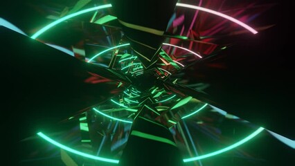 Wall Mural - abstract background 3d animation moving through shiny glass metal and neon lights tunnel, loop
