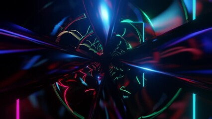 Wall Mural - abstract background 3d animation moving through shiny glass metal and neon lights tunnel, loop