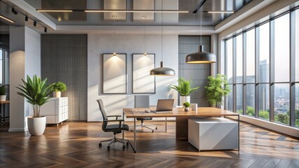 Canvas Print - Sleek modern office space features blank white poster on wall amidst natural light and contemporary furniture for professional displays.