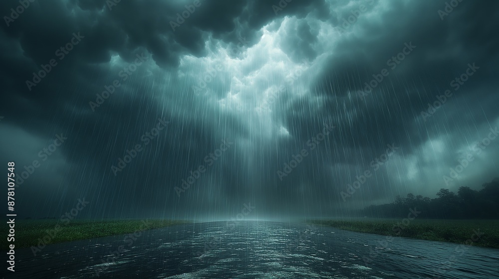 A dramatic stormy sky with dark clouds and heavy rain pouring down over ...