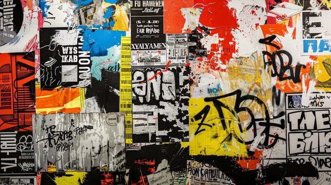 Textured collage wall with torn posters and street art graffiti