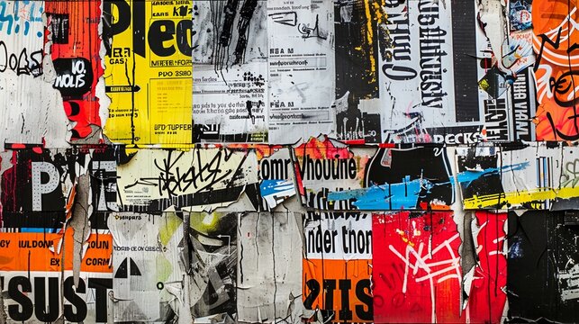 Textured collage wall with torn posters and street art graffiti