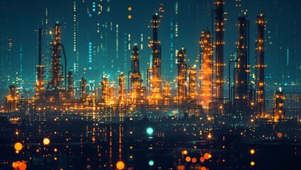 A vibrant illuminated industrial nightscape with tall structures and an array of colorful lights, creating an abstract and futuristic atmosphere, dominated by warm hues.