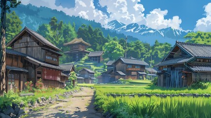 Canvas Print - village landscape anime style