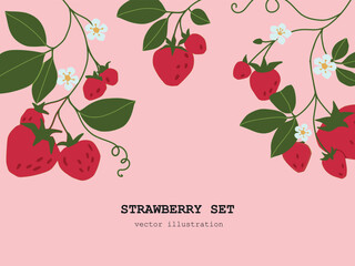 Wall Mural - Hand drawn strawberry background . Vector Floral print. Isolated Sketch fresh juicy berries with leaves and flowers. Fruit print . Vector cartoon minimalistic style  illustration. Doodle pattern