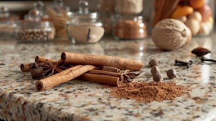Aufkleber - Cinnamon sticks, star anise, and cloves are arranged on a kitchen countertop.