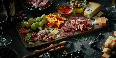 Wall Mural - A platter of assorted food items including meat, cheese, grapes, and olives