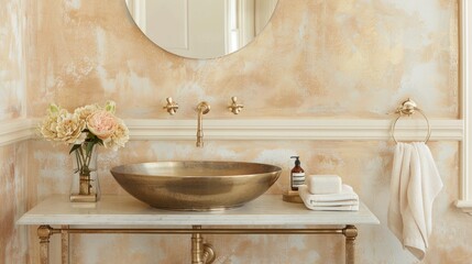 Wall Mural - An elegant bathroom with Venetian plaster walls and a vintage-inspired brass console sink