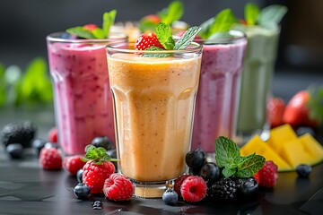 Wall Mural - Colorful smoothies in tall glasses with fresh berries and mint