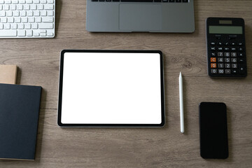 Poster - Top view businessman Hands holding digital tablet with mockup of blank