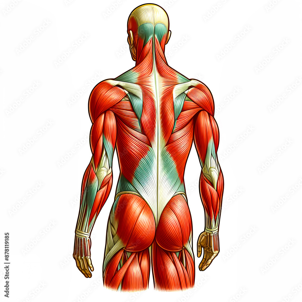 Vector anatomy illustration showing human male back muscles on white ...