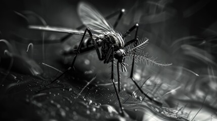 A black and white photograph of a mosquito's body and wings