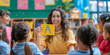 © MNStudio - Beautiful professional female teacher of primary school or kindergarten showing a card with A letter to a group of little learners.