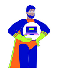 Poster - African american man hero with laptop 2D linear cartoon character. Black male offering computer service isolated line vector person white background. Electronics repair color flat spot illustration