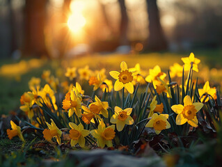 Canvas Print - Daffodils Blooming in the Golden Hour Light of a Park