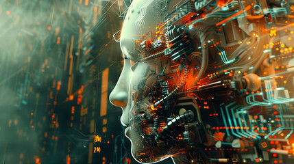 Poster - A digital artwork featuring an AI robot head with intricate circuitry and glowing lights, set against the backdrop of advanced technology and data streams. 