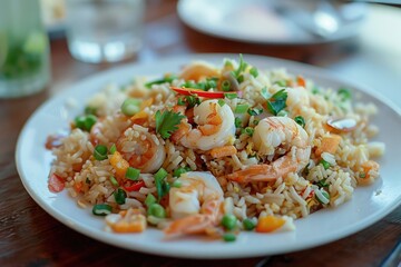 Sticker - A white plate filled with cooked rice and succulent shrimp