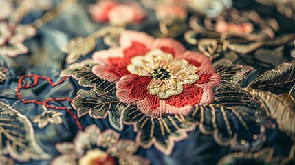 Poster - Floral embroidery features intricate patterns, each stitch blending colors to create mesmerizing art.