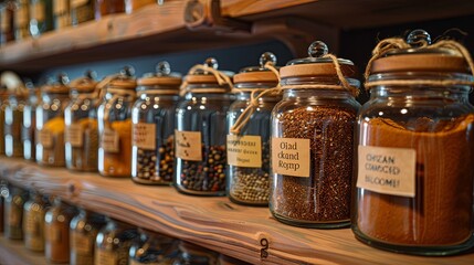 Wall Mural - A close-up of a wooden shelf with glass jars filled with various spices, neatly arranged. The jars are labeled with names like paprika, turmeric, cumin, and oregano.