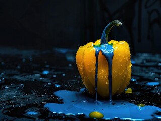 Wall Mural - A single yellow pepper sits on a black table, providing a pop of color