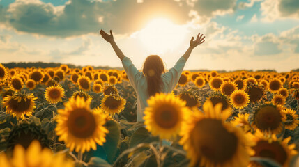 Woman celebrating in a vibrant sunflower field at sunset, embracing nature and freedom