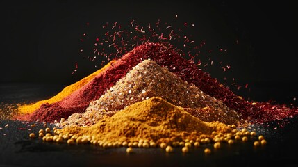 Wall Mural - A close-up view of colorful spices arranged in a pyramid shape on a black background.