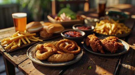 Wall Mural - A wooden table set with plates of various foods